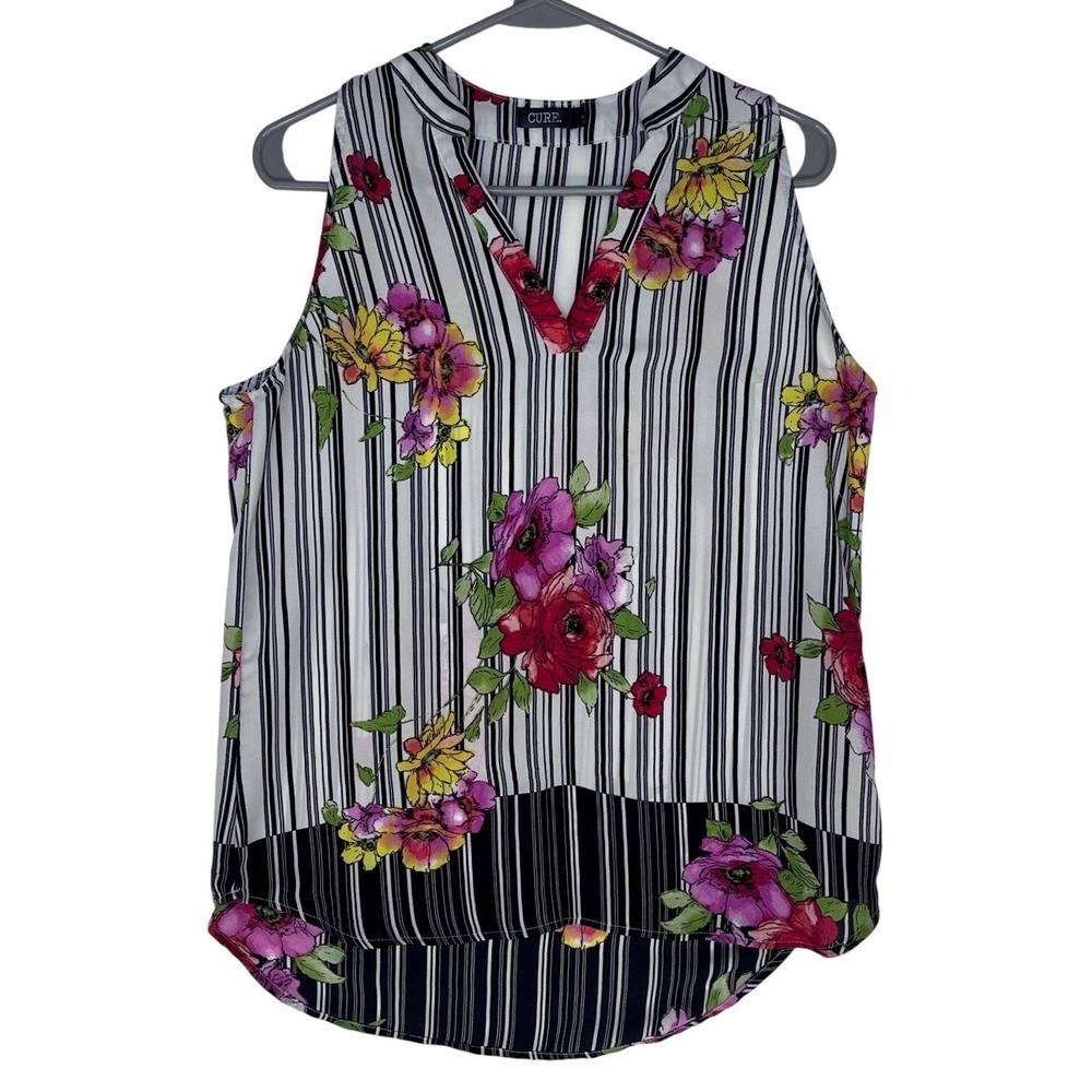 CURE. Womens Floral Sheer Striped Sleeveless V-Neck Blouse M1-2410-CFA Medium